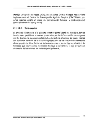 Plan de Desarrollo Municipal (PDM), Municipio de Cuatro Cañadas




Manejo Integrado de Plagas (MIP), que en estos últimos tiempos recién viene
implementando el Centro de Investigación Agrícola Tropical (CIAT.2006), por
estas razones existe un grado de contaminación humana y medioambiental
(principalmente del agua y suelo).

2.1.11.4       Inclemencias

La principal inclemencia a la que está sometido parte Oeste del Municipio, son las
inundaciones periódicas o anuales provocadas por la deforestación en margenes
del Río Grande, lo que ocaciona los desbordes del rio, el cambio de cause, hechos
que ocasionan perdidas de la actividad agropecuaria de las comunidades asentadas
al margen del río. Otro factor de inclemencia es en el sector Sur, es el déficit de
humedad que ocurre entre los meses de mayo a septiembre, lo que dificulta el
desarrollo de los cultivos de invierno principalmente.




                                                                                    43
Honorable Alcaldía Municipal - ECOTHESIS SRL
 