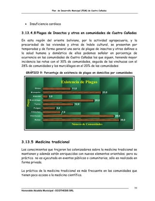 Plan de Desarrollo Municipal (PDM) de Cuatro Cañadas




               Insuficiencia cardiaca

3.13.4.8 Plagas de Insectos y otros en comunidades de Cuatro Cañadas

En esta región del oriente boliviano, por la actividad agropecuaria, y la
precariedad de las viviendas y otros de índole cultural, se presentan por
temporadas y de forma general una serie de plagas de insectos y otros dañinos a
la salud humana y doméstica de ellos podemos señalar en porcentaje de
ocurrencia en las comunidades de Cuatro Cañadas los que siguen, teniendo mayor
incidencia las ratas con el 30% de comunidades, seguida de las vinchucas con el
28% de comunidades y los murciélagos en el 20% de las comunidades:

   GRÁFICO 9: Porcentaje de existencia de plagas en domicilios por comunidades


                                             Existencia de Plagas
                     O t ro s                         11,0
                M o s quit o                                                       23,0
                   A la c rá n   2,0
       Plagas




            M urc ié la go                                                  20,0
                     T uriro                            12,0
                    P ulga s           5,0
                 C hinc he s                 7,0
                V inc huc a s                                                             28,0
                     R atas                                                                      30,0
                                                     Número de Comunidades




3.13.5 Medicina tradicional

Los conocimientos que trajeron los colonizadores sobre la medicina tradicional se
mantienen y además están enriquecidos con nuevos elementos orientales; pero su
práctica no es ejecutada en eventos públicos o comunitarios, sólo es realizada en
forma privada.

La práctica de la medicina tradicional es más frecuente en las comunidades que
tienen poco acceso a la medicina científica.



                                                                                                        84
Honorable Alcaldía Municipal - ECOTHESIS SRL
 