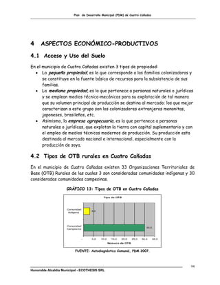 Plan de Desarrollo Municipal (PDM) de Cuatro Cañadas




4     ASPECTOS ECONÓMICO-PRODUCTIVOS

4.1 Acceso y Uso del Suelo
En el municipio de Cuatro Cañadas existen 3 tipos de propiedad:
   La pequeña propiedad, es la que corresponde a las familias colonizadoras y
      se constituye en la fuente básica de recursos para la subsistencia de sus
      familias.
   La mediana propiedad, es la que pertenece a personas naturales o jurídicas
      y se emplean medios técnico-mecánicos para su explotación de tal manera
      que su volumen principal de producción se destina al mercado; los que mejor
      caracterizan a este grupo son los colonizadores extranjeros menonitas,
      japoneses, brasileños, etc.
   Asimismo, la empresa agropecuaria, es la que pertenece a personas
      naturales o jurídicas, que explotan la tierra con capital suplementario y con
      el empleo de medios técnicos modernos de producción. Su producción esta
      destinada al mercado nacional e internacional, especialmente con la
      producción de soya.

4.2 Tipos de OTB rurales en Cuatro Cañadas
En el municipio de Cuatro Cañadas existen 33 Organizaciones Territoriales de
Base (OTB) Rurales de las cuales 3 son consideradas comunidades indígenas y 30
consideradas comunidades campesinas.

                     GRÁFICO 13: Tipos de OTB en Cuatro Cañadas

                                             Tipo de OTB




                     Comunidad
                                    3,0
                      Indígena




                     Comunidad
                                                                              30,0
                     Campesina



                              -      5,0   10,0     15,0   20,0     25,0   30,0   35,0
                                                  Núm e ro de OTB


                          FUENTE: Autodiagnóstico Comunal, PDM 2007.



                                                                                         94
Honorable Alcaldía Municipal - ECOTHESIS SRL
 