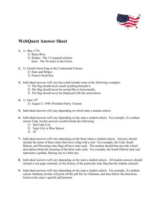 WebQuest Answer Sheet
1. 1) May 1776
      2) Betsy Ross
      3) Stripes: The 13 original colonies
         Stars: The 50 states in the Union.

2. 1) Grand Union Flag or the Continental Colours
      2) Stars and Stripes
      3) Francis Scott Key

3. Individual answers will vary but could include some of the following examples:
       1) The flag should never touch anything beneath it.
       2) The flag should never be carried flat or horizontally.
       3) The flag should never be displayed with the union down.

4. 1) June 14th
      2) August 3, 1949; President Harry Truman

5. Individual answers will vary depending on which state a student selects.

6. Individual answers will vary depending on the state a student selects. For example, if a student
   selects Utah, his/her answers would include the following:
       1) Salt Lake City
       2) Sego Lily or Blue Spruce
       3) 45

7. Individual answers will vary depending on the three states a student selects. Answers should
   include the name of three states that have a flag with a seal. For example, the Utah, South
   Dakota, and Wyoming state flags all have state seals. The student should then provide a brief
   description about the meaning of the three state seals. For example, the South Dakota state seal
   represents a golden, blazing sun in a blue sky.

8. Individual answers will vary depending on the state a student selects. All student answers should
   include a one page summary on the history of the particular state flag that the student selected.

9. Individual answers will vary depending on the state a student selects. For example, if a student
   selects Alabama, he/she will print off the pdf file for Alabama, and then follow the directions
   listed on the state’s specific pdf printout.
 