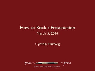 How to Rock a Presentation
March 5, 2014
Cynthia Hartwig
 