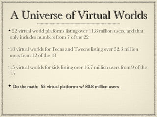A Universe of Virtual Worlds 22 virtual world platforms listing over 11.8 million users, and that only includes numbers from 7 of the 22 18 virtual worlds for Teens and Tweens listing over 52.3 million users from 12 of the 18 15 virtual worlds for kids listing over 16.7 million users from 9 of the 15 Do the math:  55 virtual platforms w/ 80.8 million users 