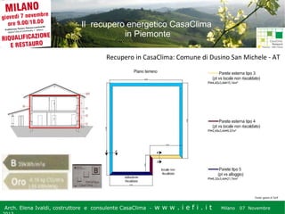 Il recupero energetico CasaClima
in Piemonte
Recupero in CasaClima: Comune di Dusino San Michele - AT

Fonte: geom.A.Tarif

Arch. Elena Ivaldi, costruttore e consulente CasaClima -

w w w i ee i . i t t
.i ffi.i

Milano 07 Novembre 2013
Milano 07 Novembre

 