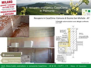 Il recupero energetico CasaClima
in Piemonte
Recupero in CasaClima: Comune di Dusino San Michele - AT

Fonte: geom.A.Tarif

Arch. Elena Ivaldi, costruttore e consulente CasaClima -

w w w i ee i . i t t
.i ffi.i

Milano 07 Novembre 2013
Milano 07 Novembre

 