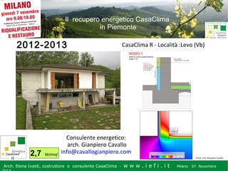 Il recupero energetico CasaClima
in Piemonte

2012-2013

2,7

litri/mq2

CasaClima R - Località :Levo (Vb)

Consulente energetico:
arch. Gianpiero Cavallo
info@cavallogianpiero.com

Arch. Elena Ivaldi, costruttore e consulente CasaClima -

Fonte: arch Gianpiero Cavallo

w w w i ee i . i t t
.i ffi.i

Milano 07 Novembre 2013
Milano 07 Novembre

 