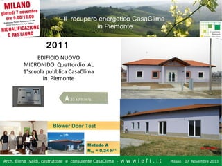 Il recupero energetico CasaClima
in Piemonte

2011
EDIFICIO NUOVO
MICRONIDO Quattordio AL
1°scuola pubblica CasaClima
in Piemonte

Arch. Elena Ivaldi, costruttore e consulente CasaClima -

wwwiefi.it

Milano

07 Novembre 2013

 