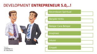 DEVELOPMENT ENTREPRENEUR	5.0,..!
Kecerdasan Spiritual
Berpikir Kritis
Belajar Cara	Belajar
Imajinasi
Intuisi
Empati
Source:	
LEARNING	5.1
Dr.	Alex	Denni
 