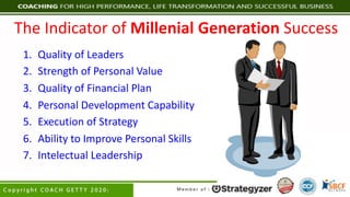 The	Indicator	of	Millenial Generation	Success
1. Quality	of	Leaders
2. Strength	of	Personal	Value
3. Quality	of	Financial	Plan
4. Personal	Development	Capability
5. Execution	of	Strategy
6. Ability	to	Improve	Personal	Skills
7. Intelectual Leadership
 
