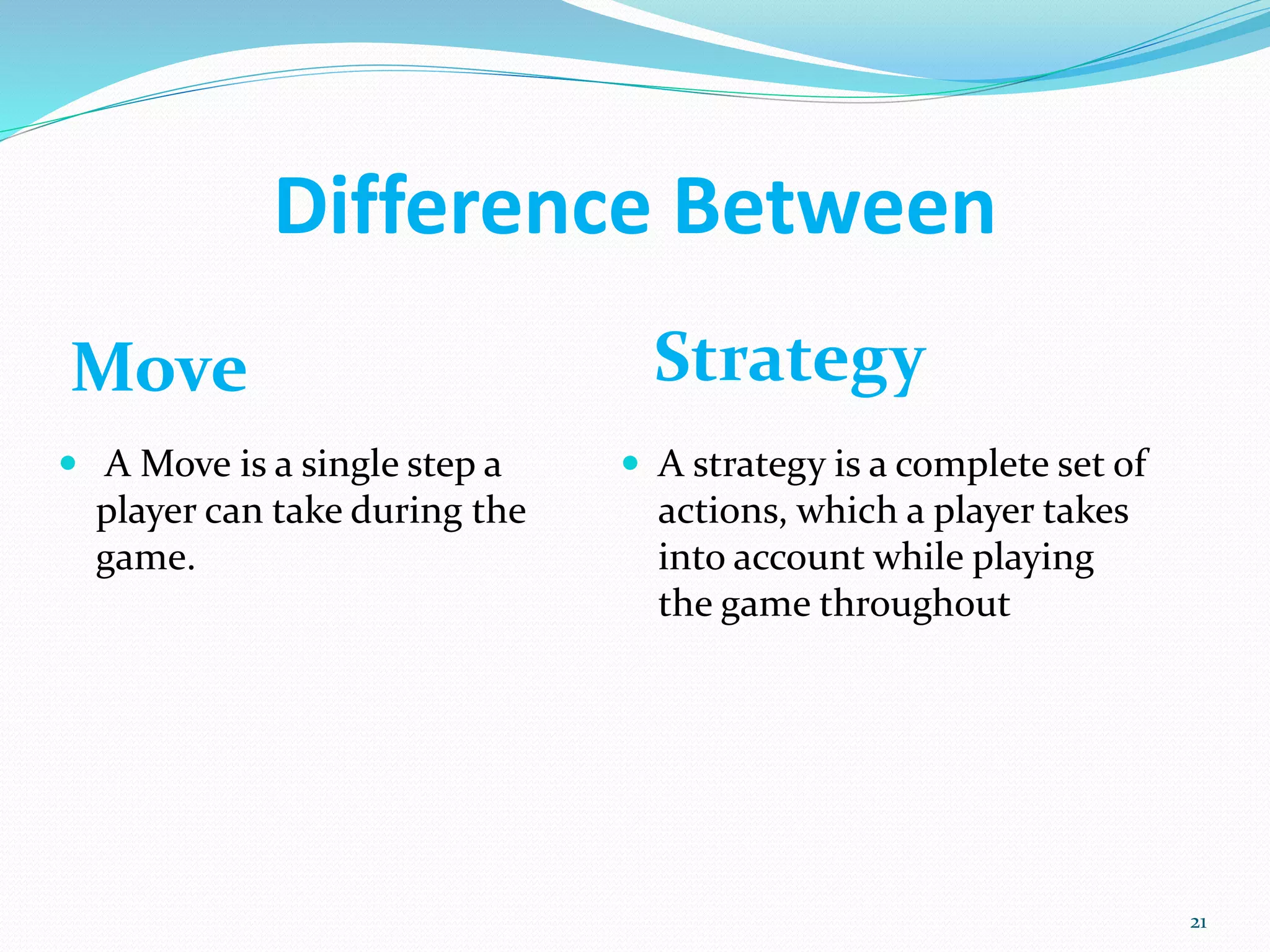 Difference Between
 A Move is a single step a
player can take during the
game.
 A strategy is a complete set of
actions, which a player takes
into account while playing
the game throughout
Move Strategy
21
 