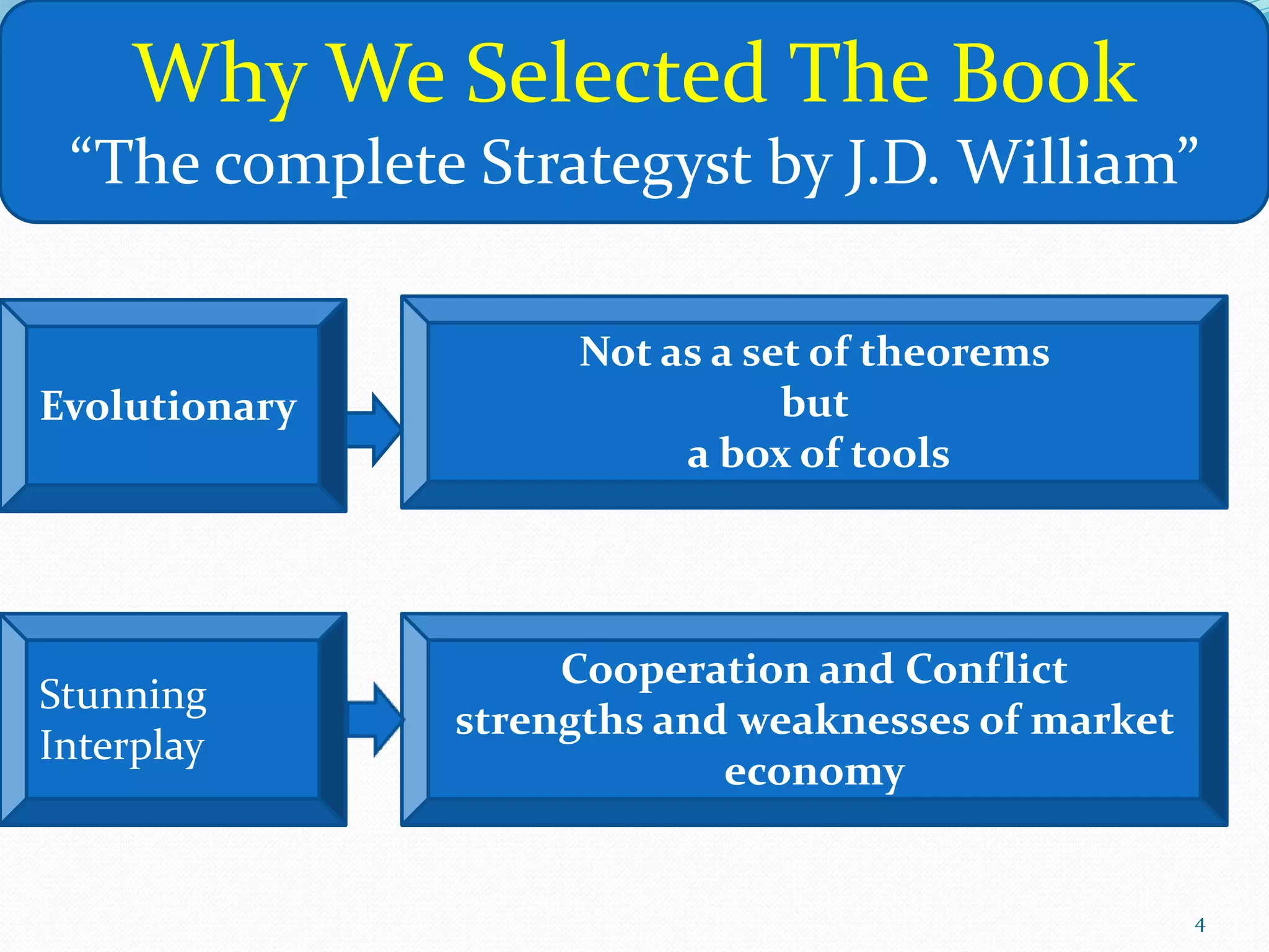 4
Why We Selected The Book
“The complete Strategyst by J.D. William”
Evolutionary
Not as a set of theorems
but
a box of tools
Stunning
Interplay
Cooperation and Conflict
strengths and weaknesses of market
economy
 