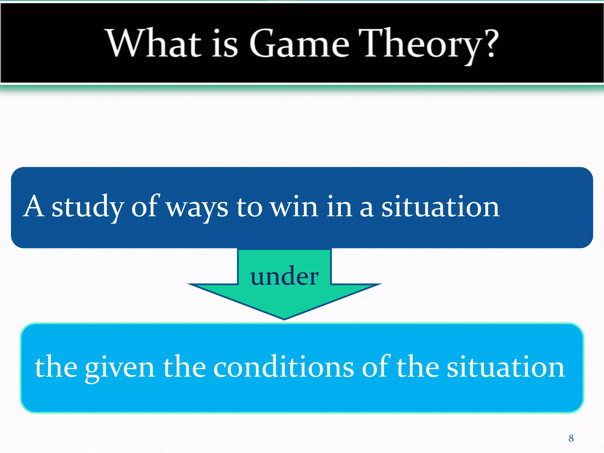 8
A study of ways to win in a situation
under
the given the conditions of the situation
 
