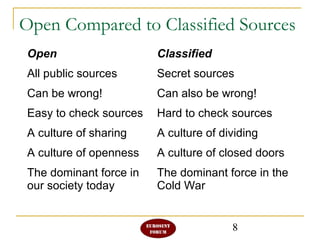 8
Open Compared to Classified Sources
Open Classified
All public sources Secret sources
Can be wrong! Can also be wrong!
Easy to check sources Hard to check sources
A culture of sharing A culture of dividing
A culture of openness A culture of closed doors
The dominant force in
our society today
The dominant force in the
Cold War
 