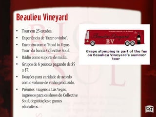 Beaulieu Vineyard
• Tour em 25 estados.
• Experiência de ‘fazer o vinho’.
• Encontro com o ‘Road to Vegas
  Tour’ da banda Collective Soul.
• Rádio como suporte de mídia.
• Grupos de 6 pessoas pagando de $5
  a $7.
• Doações para caridade de acordo
  com o volume de vinho produzido.
• Prêmios: viagens a Las Vegas,
  ingressos para os shows do Collective
  Soul, degustações e games
  educativos.
 