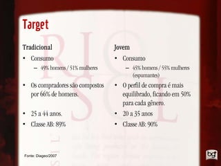 Target
Tradicional                        Jovem
• Consumo                          • Consumo
     – 49% homens / 51% mulheres       – 45% homens / 55% mulheres
                                         (espumantes)
• Os compradores são compostos     • O perfil de compra é mais
  por 66% de homens.                 equilibrado, ficando em 50%
                                     para cada gênero.
• 25 a 44 anos.                    • 20 a 35 anos
• Classe AB: 89%                   • Classe AB: 90%



Fonte: Diageo/2007
 