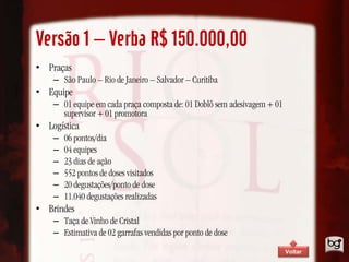 Versão 1 – Verba R$ 150.000,00
• Praças
    – São Paulo – Rio de Janeiro – Salvador – Curitiba
• Equipe
    – 01 equipe em cada praça composta de: 01 Doblô sem adesivagem + 01
      supervisor + 01 promotora
• Logística
    –   06 pontos/dia
    –   04 equipes
    –   23 dias de ação
    –   552 pontos de doses visitados
    –   20 degustações/ponto de dose
    –   11.040 degustações realizadas
• Brindes
    – Taça de Vinho de Cristal
    – Estimativa de 02 garrafas vendidas por ponto de dose
                                                                          Voltar
 