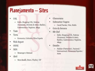 Planejamento – Sites
• UOL                                           • Glamurama
    – Estilo, Shopping UOL, Notícias            • Submarino Viagens
      (Economia, Diversão & Artes), Basílico,       – Canal Pacotes, Vôos, Hotéis
      Gastronomia e Negócios, Adega             • Guia da Semana
• Taste                                         • BR Chef
• Terra                                             – Estilo, Shopping UOL, Notícias
    – Economia, Culinária, Wine Experts               (Economia, Diversão & Artes),
                                                      Basílico, Gastronomia e Negócios,
• Wish Report                                         Adega
• ONNE                                          • Estadão
• MSN                                               – Paladar (Patrocínio), Nacional /
                                                      Internacional / Economia Esportes /
    – Messenger e Hotmail                             Autos
• Abril
    – Mens Health, Bravo, Playboy, VIP


                                                                                    Voltar
 