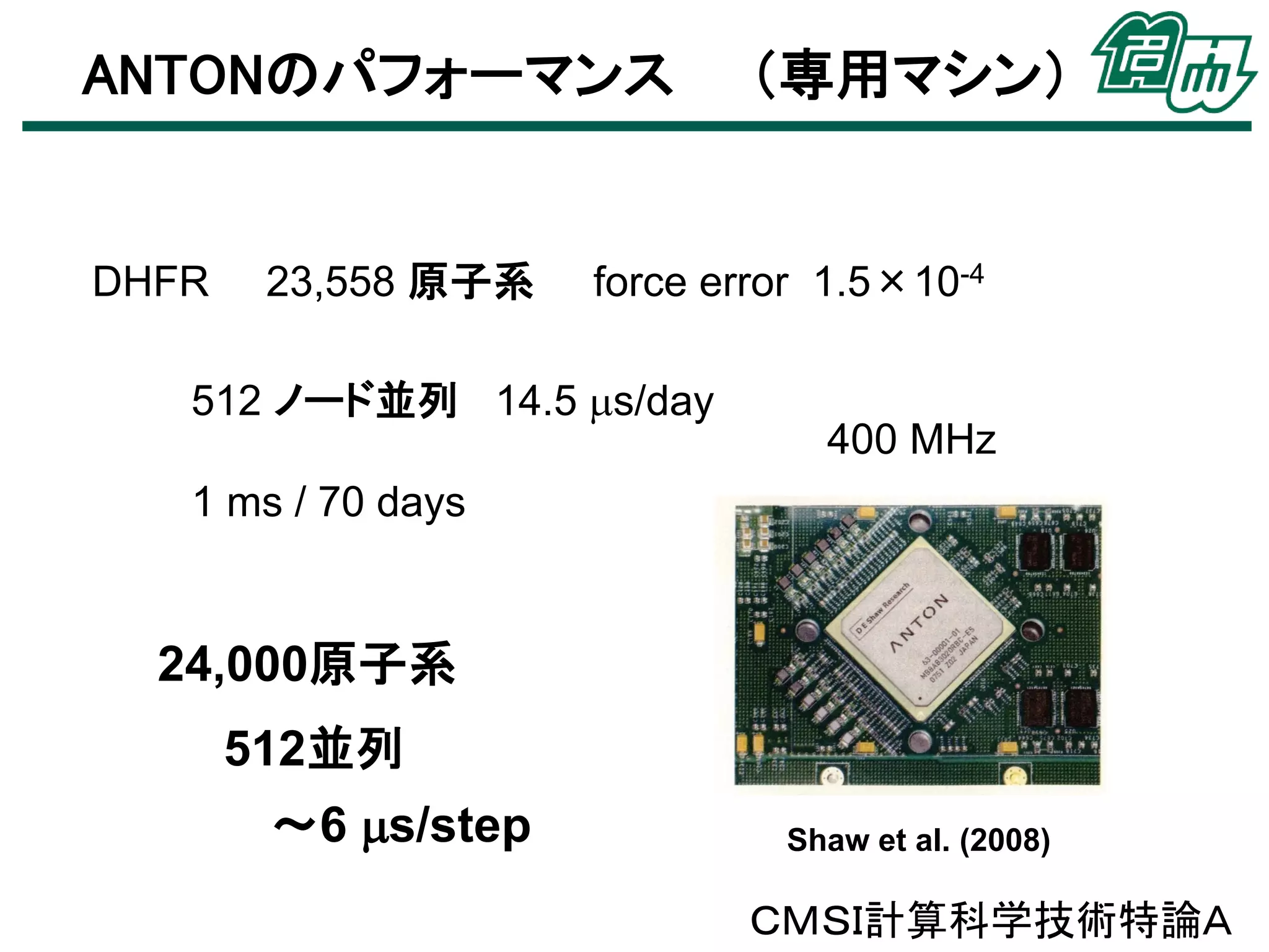 ANTONのパフォーマンス

DHFR

23,558 原子系

（専用マシン）

force error 1.5×10-4

512 ノード並列 14.5 s/day

400 MHz

1 ms / 70 days

24,000原子系
512並列
～6 s/step

Shaw et al. (2008)

ＣＭＳＩ計算科学技術特論Ａ

 