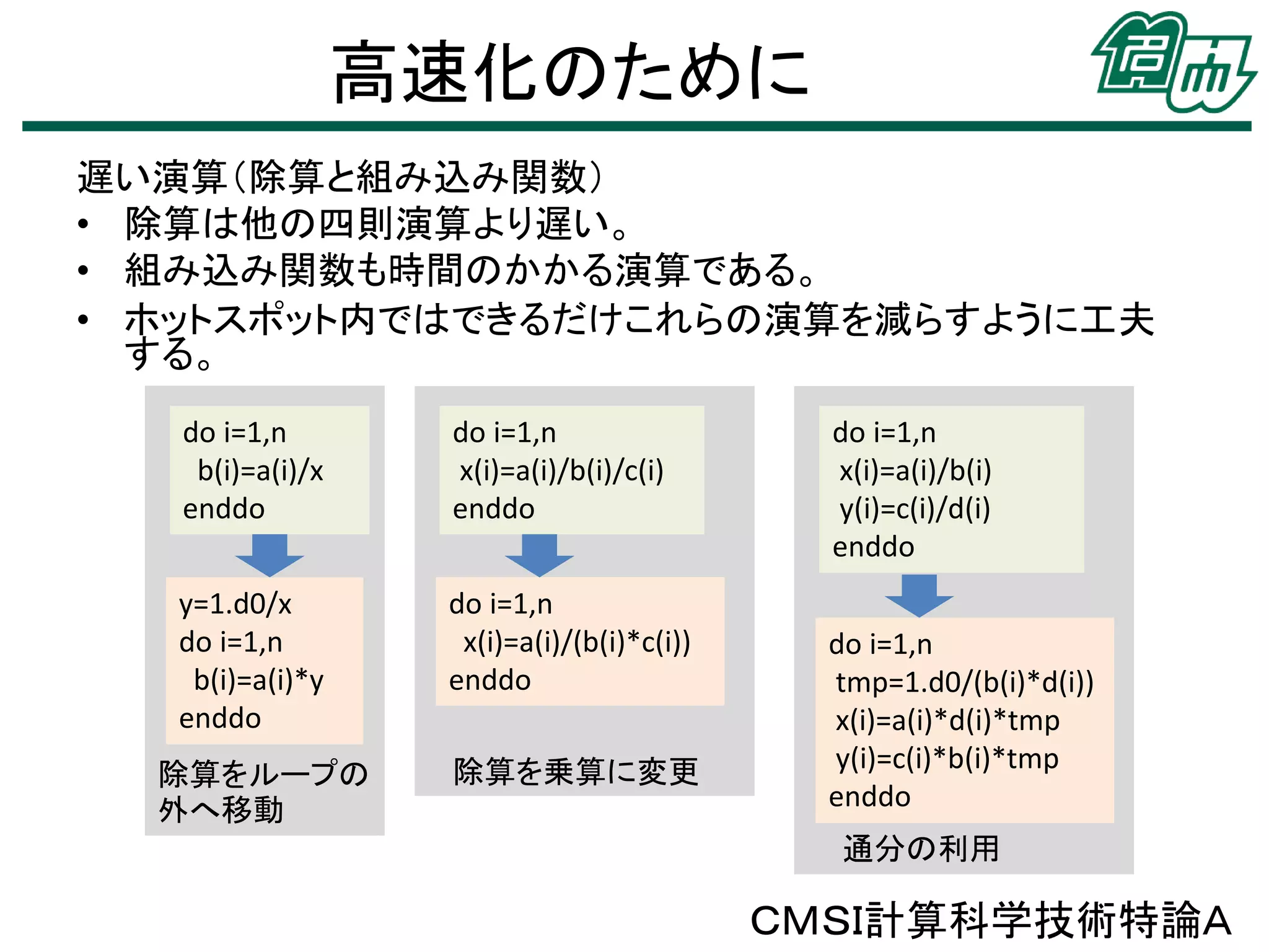 高速化のために
遅い演算（除算と組み込み関数）
• 除算は他の四則演算より遅い。
• 組み込み関数も時間のかかる演算である。
• ホットスポット内ではできるだけこれらの演算を減らすように工夫
する。
do i=1,n
b(i)=a(i)/x
enddo

do i=1,n
x(i)=a(i)/b(i)/c(i)
enddo

y=1.d0/x
do i=1,n
b(i)=a(i)*y
enddo

do i=1,n
x(i)=a(i)/(b(i)*c(i))
enddo

除算をループの
外へ移動

除算を乗算に変更

do i=1,n
x(i)=a(i)/b(i)
y(i)=c(i)/d(i)
enddo
do i=1,n
tmp=1.d0/(b(i)*d(i))
x(i)=a(i)*d(i)*tmp
y(i)=c(i)*b(i)*tmp
enddo
通分の利用

ＣＭＳＩ計算科学技術特論Ａ

 