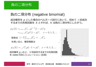 負の⼆項分布
12
負の⼆項分布 (negative binomial)
成功確率を p とした場合のベルヌーイ試⾏において、初めて r 回成功
するまでの失敗回数を X とすれば、X は負の⼆項分布にしたがう。
恒等式
を⽤いると、確率関数は
成功確率 p =0.2 、3 回成功するまでの失敗回数
を 10000	万回シミュレーション (左図)
参考：確率モデル⼊⾨ 尾崎俊治著 朝倉書店 P.23-27
 