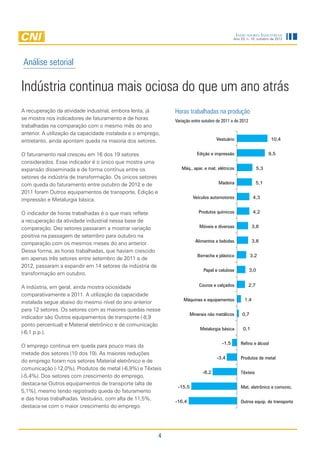 Indicadores Industriais
                                                                                               Ano 23, n. 10, outubro de 2012




Análise setorial

Indústria continua mais ociosa do que um ano atrás
A recuperação da atividade industrial, embora lenta, já        Horas trabalhadas na produção
se mostra nos indicadores de faturamento e de horas            Variação entre outubro de 2011 e de 2012
trabalhadas na comparação com o mesmo mês do ano
anterior. A utilização da capacidade instalada e o emprego,
entretanto, ainda apontam queda na maioria dos setores.                              Vestuário                         10,4


O faturamento real cresceu em 16 dos 19 setores                            Edição e impressão                         9,5
considerados. Esse indicador é o único que mostra uma
expansão disseminada e de forma contínua entre os                 Máq., apar. e mat. elétricos                  5,3
setores da indústria de transformação. Os únicos setores
com queda do faturamento entre outubro de 2012 e de                                   Madeira                   5,1

2011 foram Outros equipamentos de transporte, Edição e
                                                                         Veículos automotores              4,3
impressão e Metalurgia básica.

O indicador de horas trabalhadas é o que mais reflete                       Produtos químicos              4,2
a recuperação da atividade industrial nessa base de
comparação. Dez setores passaram a mostrar variação                         Móveis e diversas              3,8

positiva na passagem de setembro para outubro na
                                                                          Alimentos e bebidas              3,8
comparação com os mesmos meses do ano anterior.
Dessa forma, as horas trabalhadas, que haviam crescido
                                                                           Borracha e plástico            3,2
em apenas três setores entre setembro de 2011 e de
2012, passaram a expandir em 14 setores da indústria de
                                                                              Papel e celulose            3,0
transformação em outubro.

A indústria, em geral, ainda mostra ociosidade                              Couros e calçados             2,7

comparativamente a 2011. A utilização da capacidade
                                                                   Máquinas e equipamentos           1,4
instalada segue abaixo do mesmo nível do ano anterior
para 12 setores. Os setores com as maiores quedas nesse
                                                                        Minerais não metálicos      0,7
indicador são Outros equipamentos de transporte (-8,9
ponto percentual) e Material eletrônico e de comunicação
                                                                             Metalurgia básica      0,1
(-6,1 p.p.).

                                                                                        -1,5       Refino e álcool
O emprego continua em queda para pouco mais da
metade dos setores (10 dos 19). As maiores reduções
                                                                                     -3,4          Produtos de metal
do emprego foram nos setores Material eletrônico e de
comunicação (-12,0%), Produtos de metal (-6,9%) e Têxteis
                                                                              -8,2                 Têxteis
(-5,4%). Dos setores com crescimento do emprego,
destaca-se Outros equipamentos de transporte (alta de
                                                                -15,5                              Mat. eletrônico e comunic.
5,1%), mesmo tendo registrado queda do faturamento
e das horas trabalhadas. Vestuário, com alta de 11,5%,
                                                               -16,4                               Outros equip. de transporte
destaca-se com o maior crescimento do emprego.




                                                           4
 