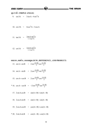 3 F (TRIPLE ANGLE)
9. =sin3A 3sinA − 4sin3A
10. =cos 3A 4cos3A − 3cos A
11. =tan3A 3 tanA−tan3A
1−3 tan2A
12. =cot 3A 3 cotA−cot3A
1−3 cot2A
ก , F , (SUM , DIFFERENCE , AND PRODUCT)
13. =sinA + sinB 2sin
(A+B)
2
cos
(A−B)
2
14. =sinA − sinB 2cos
(A+B)
2
sin
(A−B)
2
15. =cos A + cos B 2cos
(A+B)
2
cos
(A−B)
2
* 16. =cos A − cos B −2sin
(A+B)
2
sin
(A−B)
2
17. =2sinAcos B sin(A + B) + sin(A − B)
18. =2cosAsinB sin(A + B) − sin(A − B)
19. =2cosAcos B cos(A + B) + cos(A − B)
* 20. =2sinAsinB cos(A − B) − cos(A + B)
5
 