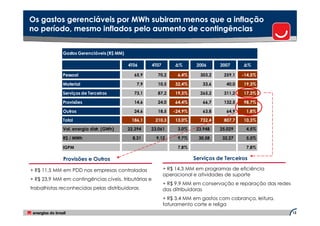 Os gastos gerenciáveis por MWh subiram menos que a inflação
no período, mesmo inflados pelo aumento de contingências


             Gastos Gerenciáveis (R$ MM)

                                           4T06       4T07       ∆%        2006     2007     ∆%

             Pessoal                         65,9       70,2      6,4%      303,2    259,1   -14,5%

             Material                          7,9      10,5     32,4%       33,6     40,0   19,3%

             Serviços de Terceiros           73,1       87,2     19,3%      265,2    311,2   17,3%

             Provisões                       14,6       24,0     64,4%       66,7    132,5   98,7%

             Outros                          24,6       18,5     -24,9%      63,8     64,9    1,8%
             Total                          186,1      210,3     13,0%      732,4    807,7   10,3%

             Vol. energia distr. (GWh)     22.394    23.061       3,0%     23.948   25.029    4,5%

             R$ / MWh                        8,31      9,12       9,7%      30,58    32,27    5,5%

             IGPM                                                 7,8%                        7,8%

             Provisões e Outros                                           Serviços de Terceiros

+ R$ 11,5 MM em PDD nas empresas controladas                 + R$ 14,3 MM em programas de eficiência
                                                             operacional e atividades de suporte
+ R$ 23,9 MM em contingências cíveis, tributárias e
                                                             + R$ 9,9 MM em conservação e reparação das redes
trabalhistas reconhecidas pelas distribuidoras               das ditribuidoras
                                                             + R$ 3,4 MM em gastos com cobrança, leitura,
                                                             faturamento corte e religa
                                                                                                                12
 