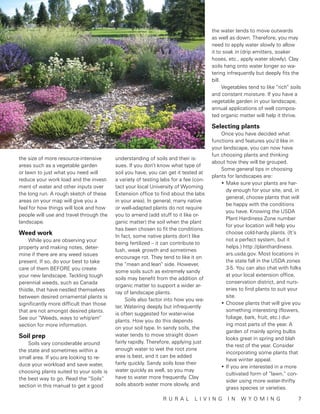 the water tends to move outwards
                                                                                      as well as down. Therefore, you may
                                                                                      need to apply water slowly to allow
                                                                                      it to soak in (drip emitters, soaker
                                                                                      hoses, etc., apply water slowly). Clay
                                                                                      soils hang onto water longer so wa-
                                                                                      tering infrequently but deeply fits the
                                                                                      bill.
                                                                                            Vegetables tend to like “rich” soils
                                                                                      and constant moisture. If you have a
                                                                                      vegetable garden in your landscape,
                                                                                      annual applications of well compos-
                                                                                      ted organic matter will help it thrive.

                                                                                      Selecting plants
                                                                                          Once you have decided what
                                                                                      functions and features you’d like in
                                                                                      your landscape, you can now have
                                                                                      fun choosing plants and thinking
the size of more resource-intensive       understanding of soils and their is-
                                                                                      about how they will be grouped.
areas such as a vegetable garden          sues. If you don’t know what type of
                                                                                          Some general tips in choosing
or lawn to just what you need will        soil you have, you can get it tested at
                                                                                      plants for landscapes are:
reduce your work load and the invest-     a variety of testing labs for a fee (con-
                                                                                          •	Make sure your plants are har-
ment of water and other inputs over       tact your local University of Wyoming
                                                                                            dy enough for your site, and, in
the long run. A rough sketch of these     Extension office to find about the labs
                                                                                            general, choose plants that will
areas on your map will give you a         in your area). In general, many native
                                                                                            be happy with the conditions
feel for how things will look and how     or well-adapted plants do not require
                                                                                            you have. Knowing the USDA
people will use and travel through the    you to amend (add stuff to it like or-
                                                                                            Plant Hardiness Zone number
landscape.                                ganic matter) the soil when the plant
                                                                                            for your location will help you
                                          has been chosen to fit the conditions.
Weed work                                 In fact, some native plants don’t like
                                                                                            choose cold-hardy plants. (It’s
     While you are observing your                                                           not a perfect system, but it
                                          being fertilized – it can contribute to
property and making notes, deter-                                                           helps.) http://planthardiness.
                                          lush, weak growth and sometimes
mine if there are any weed issues                                                           ars.usda.gov. Most locations in
                                          encourage rot. They tend to like it on
present. If so, do your best to take                                                        the state fall in the USDA zones
                                          the “mean and lean” side. However,
care of them BEFORE you create                                                              3-5. You can also chat with folks
                                          some soils such as extremely sandy
your new landscape. Tackling tough                                                          at your local extension office,
                                          soils may benefit from the addition of
perennial weeds, such as Canada                                                             conservation district, and nurs-
                                          organic matter to support a wider ar-
thistle, that have nestled themselves                                                       eries to find plants to suit your
                                          ray of landscape plants.
between desired ornamental plants is                                                        site.
                                               Soils also factor into how you wa-
significantly more difficult than those                                                   •	Choose plants that will give you
                                          ter. Watering deeply but infrequently
that are not amongst desired plants.                                                        something interesting (flowers,
                                          is often suggested for water-wise
See our “Weeds, ways to whip'em”                                                            foliage, bark, fruit, etc.) dur-
                                          plants. How you do this depends
section for more information.                                                               ing most parts of the year. A
                                          on your soil type. In sandy soils, the
                                                                                            garden of mainly spring bulbs
Soil prep                                 water tends to move straight down
                                                                                            looks great in spring and blah
    Soils vary considerable around        fairly rapidly. Therefore, applying just
                                                                                            the rest of the year. Consider
the state and sometimes within a          enough water to wet the root zone
                                                                                            incorporating some plants that
small area. If you are looking to re-     area is best, and it can be added
                                                                                            have winter appeal.
duce your workload and save water,        fairly quickly. Sandy soils lose their
                                                                                          •	If you are interested in a more
choosing plants suited to your soils is   water quickly as well, so you may
                                                                                            cultivated form of “lawn,” con-
the best way to go. Read the “Soils”      have to water more frequently. Clay
                                                                                            sider using more water-thrifty
section in this manual to get a good      soils absorb water more slowly, and
                                                                                            grass species or varieties.

            		                                                 r u ra l       l ivin g       in    wy o m in g 	7
 