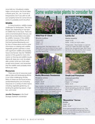 once told me. A building’s shelter
helps a shrub grow, the shrub helps
a flower grow, etc., etc. It can be a
long process, but if you plan to call
                                           Some water-wise plants to consider for
your property home for some time to
come it’s probably worth the effort.

Wildlife
     In many locations, wildlife creates
challenges for landscapes. The chal-
lenges vary depending on the type
of wildlife that is the issue. There are
some ornamental plants that you can
plant that are less likely to be eaten     Wild Four O’ Clock                                   Lambs Ear
by wildlife; however, if the wildlife      Mirabilis multiflora                                 Stachys byzantina
are hungry enough all bets are off.        Native plant                                         Height: 8-18”
Visit barnyardsandbackyards.com            Height: 1-3’                                         Width: 12-24” (or much wider)
for lists of these plants and for other    Width: 2-4’
                                                                                                Foliage plant.‘ Silver Carpet’ is a ground
information on dealing with wildlife.      Very long lived. Has large taproot, will             cover and ‘Helen Von Stein’ has larger
Vegetable gardens planted in areas         likely die if you try to move it (if you injure      leaves than the generic type. Both variet-
                                           it’s taproot) so plant it where you want it          ies flower very little so they don’t reseed
with significant wildlife will probably    and then leave it be.                                as much as the common variety.
have to be fenced. See the “Wildlife”
section of this guide for more infor-
mation on fencing and wildlife issues.
Above all, keep your cool, be adapt-
able, protect what you most value,
accept some losses, and remember
that the wildlife were probably there
before you were.

Resources
    There are a lot of resources avail-
able to help with landscaping efforts      Rocky Mountain Penstemon                             Small-Leaf Pussytoes
in our often challenging climate.          Penstemon strictus                                   Antennaria parvifolia
Many of these can be found at barn-        Native plant                                         Native plant
yardsandbackyards.com (including           Height: 18-24”                                       Height: 1-2” (foliage)
resources on a variety of other topics     Width: 12-18”                                        Width: 8-12”
including vegetable gardening, ex-         Easy to grow; can get powdery mildew                 Native plant common in our region;
tending the gardening season, irriga-      on the leaves though doesn’t seem to                 slowly spreading groundcover; about 6”
tion, and more)                            hurt the plant much. Short-lived perennial           tall in flower. ‘McClintock’ is a variety in
                                           (up to 4 years or so). Can reseed a lot so           cultivation.
                                           dead-head if reseeding is not wanted.
Jennifer Thompson is the Small
Acreage Outreach coordinator.

                                                                                             ‘Moonshine’ Yarrow
                                                                                             Achillea
                                                                                             Height: 24”
                                                                                             Width: 18-24”
                                                                                             Some yarrows spread around a lot. This
                                                                                             yarrow is more self-contained and forms a
                                                                                             clump. Has nice lemony yellow flowers and
                                                                                             silvery green foliage.



10	 B A R N Y A R D S           &   B A C KYA R D S
 