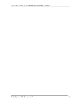 PLAN PARTICIPATIVO DE DESARROLLO DEL MUNICIPIO COMARAPA




Entidad Ejecutora ONG “Luz del Oriente”                   60
 