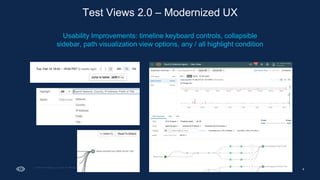 Test Views 2.0
8
Test Views 2.0 – Modernized UX
Usability Improvements: timeline keyboard controls, collapsible
sidebar, path visualization view options, any / all highlight condition
 
