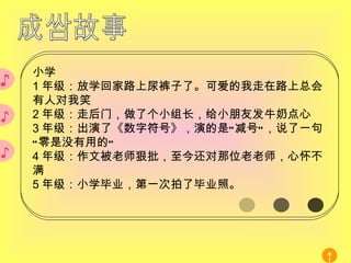 ♪ ♪ 小学 1 年级：放学回家路上尿裤子了。可爱的我走在路上总会有人对我笑 2 年级：走后门，做了个小组长，给小朋友发牛奶点心 3 年级：出演了《数字符号》，演的是 “ 减号 ” ，说了一句 “ 零是没有用的 ” 4 年级：作文被老师狠批，至今还对那位老老师，心怀不满 5 年级：小学毕业，第一次拍了毕业照。 ♪ 成长故事 ↑ 