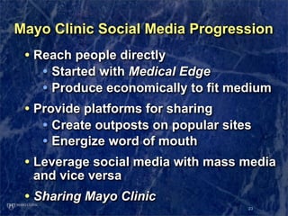 Mayo Clinic Social Media Progression
 • Reach people directly
    • Started with Medical Edge
    • Produce economically to fit medium
 • Provide platforms for sharing
    • Create outposts on popular sites
    • Energize word of mouth
 • Leverage social media with mass media
  and vice versa
 • Sharing Mayo Clinic
                                   23
 