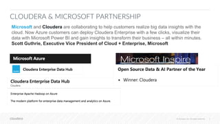 © Cloudera, Inc. All rights reserved. 2© Cloudera, Inc. All rights reserved.
CLOUDERA & MICROSOFT PARTNERSHIP
Microsoft and Cloudera are collaborating to help customers realize big data insights with the
cloud. Now Azure customers can deploy Cloudera Enterprise with a few clicks, visualize their
data with Microsoft Power BI and gain insights to transform their business – all within minutes.
Scott Guthrie, Executive Vice President of Cloud + Enterprise, Microsoft
 