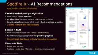 10
Spotfire X - AI Recommendations
© Copyright 2000-2018 TIBCO Software Inc.
Variable Relationships Algorithm
• User selects target variable
• AI algorithm discovers variable relationships to target
• Spotfire displays in order of strength - best practices graphics
• 3 clicks to brush-linked dashboard
Search = NLQ
• User searches multiple data tables + relationships
• Spotfire displays appropriate best-practice graphics
• Brush-linked dashboard entirely from chat interaction
Users and Data
• Broad user persona
• Scalable – wide data / Flexible – iterative, simple curation
Auto insight discovery & display
 