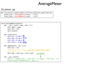 AverageMeter
15_meter.py
def train(train_loader,model,criterion,optimizer,epoch,device)
:

batch_time = AverageMeter('Time', ':.4f'
)

train_loss = AverageMeter('Loss', ':.6f')
class AverageMeter(object)
:

def __init__(self, name, fmt=':f')
:

self.name = nam
e

self.fmt = fm
t

self.reset(
)

def reset(self)
:

self.val =
0

self.avg =
0

self.sum =
0

self.count =
0

def update(self, val, n=1)
:

self.val = va
l

self.sum += val *
n

self.count +=
n

self.avg = self.sum / self.coun
t

def __str__(self)
:

fmtstr = '{name} {val' + self.fmt + '} ({avg' + self.fmt + '})
'

return fmtstr.format(**self.__dict__)
valが既にn個の平均の場合
値
平均
和
個数
出力形式
 