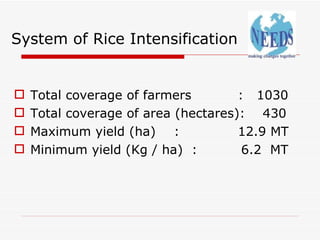 System of Rice Intensification <ul><li>Total coverage of farmers :  1030 </li></ul><ul><li>Total coverage of area (hectare...