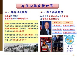 27
福克蘭戰爭勝利，
重振英國數十年頹敗的信心
阿根廷在1980年代初發生嚴重的經濟危機和大規模
反政府的運動，阿根廷政府試圖通過對福克蘭群島
採取軍事行動並佔領。1982年4月2日英國對福克蘭
群島發動進攻收復福克蘭群島。
英國伴隨著戰爭而來的強烈的愛國主義情緒，加強
柴契爾夫人的權威，並幫助英國保守黨贏得1983年
大選，展開英國民營化體制改革。
一事件拯救國家
紐約市長朱利安尼任用布萊頓
為警察局長扭轉治安
突破方法
切 割
集中資源
魚缸管理法
成果
滿意度由37%→73%
犯罪率下降52%
殺人案下降68 %
透 明
人人有分
公平程序
一個人拯救都市
有信心能改變世界
 
