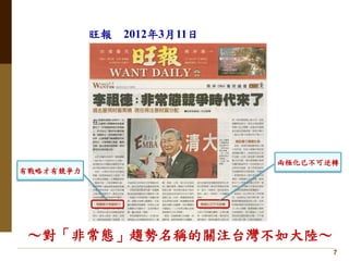 7
旺報 2012年3月11日
～對「非常態」趨勢名稱的關注台灣不如大陸～
兩極化已不可逆轉
有戰略才有競爭力
 