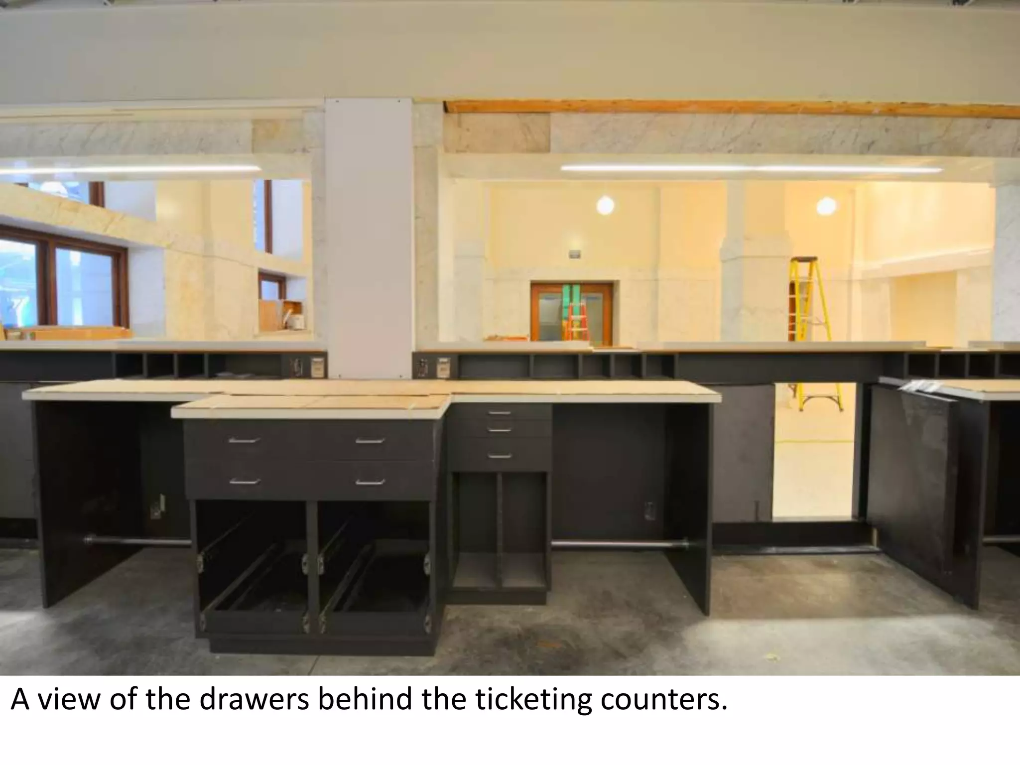 A view of the drawers behind the ticketing counters. 