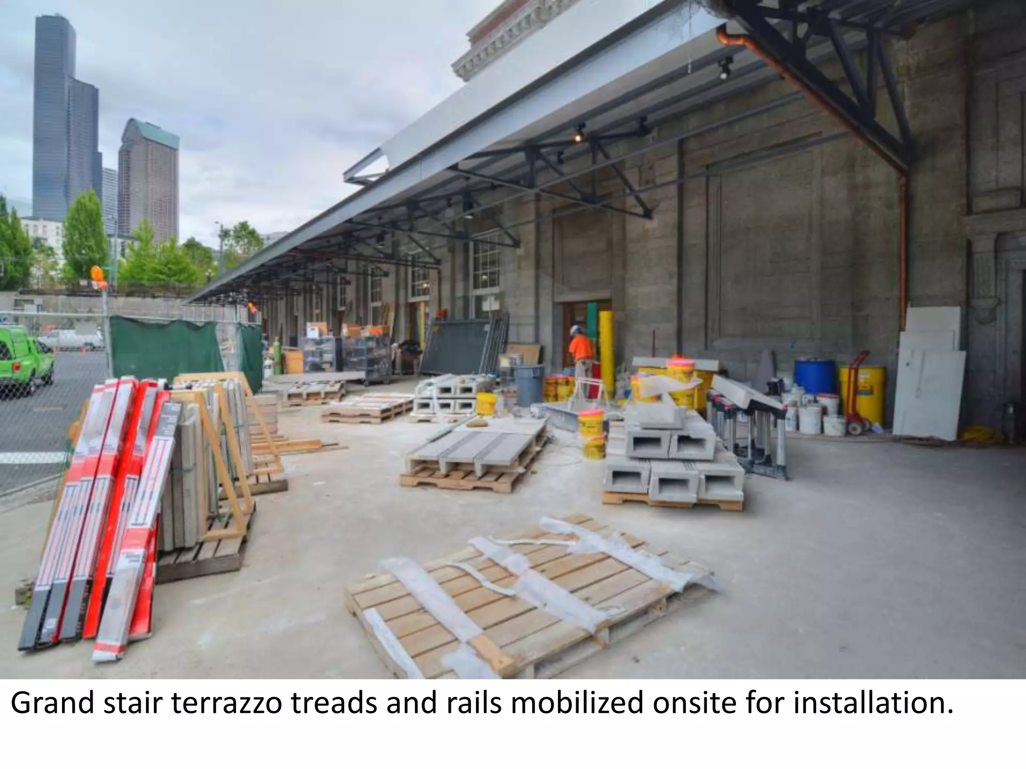 Grand stair terrazzo treads and rails mobilized onsite for installation. 