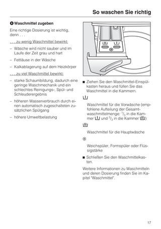 So waschen Sie richtig
H Waschmittel zugeben
Eine richtige Dosierung ist wichtig,
denn . . .
. . . zu wenig Waschmittel bewirkt:
– Wäsche wird nicht sauber und im
  Laufe der Zeit grau und hart
– Fettläuse in der Wäsche
– Kalkablagerung auf dem Heizkörper
. . . zu viel Waschmittel bewirkt:
– starke Schaumbildung, dadurch eine   ^ Ziehen Sie den Waschmittel-Einspül-
  geringe Waschmechanik und ein          kasten heraus und füllen Sie das
  schlechtes Reinigungs-, Spül- und      Waschmittel in die Kammern.
  Schleuderergebnis
                                       i
– höheren Wasserverbrauch durch ei-
  nen automatisch zugeschalteten zu-       Waschmittel für die Vorwäsche (emp-
  sätzlichen Spülgang                      fohlene Aufteilung der Gesamt-
                                           waschmittelmenge: 1/3 in die Kam-
– höhere Umweltbelastung                   mer i und 2/3 in die Kammer j)
                                       j
                                           Waschmittel für die Hauptwäsche
                                       §
                                           Weichspüler, Formspüler oder Flüs-
                                           sigstärke
                                       ^ Schließen Sie den Waschmittelkas-
                                         ten.
                                       Weitere Informationen zu Waschmitteln
                                       und deren Dosierung finden Sie im Ka-
                                       pitel "Waschmittel".




                                                                             17
 