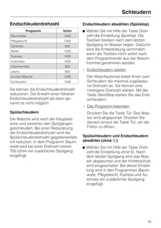 Schleudern

Endschleuderdrehzahl                    Endschleudern abwählen (Spülstop)
            Programm         U/min      ^ Wählen Sie mit Hilfe der Taste Dreh-
Baumwolle                    1400         zahl die Einstellung Spülstop. Die
Pflegeleicht                 1200         Textilien bleiben nach dem letzten
Synthetic                     600         Spülgang im Wasser liegen. Dadurch
Wolle                        1200
                                          wird die Knitterbildung vermindert,
                                          wenn die Textilien nicht sofort nach
Express                      1400
                                          dem Programmende aus der Wasch-
Automatic                    1200
                                          trommel genommen werden.
Oberhemden                    600
Jeans                         900
                                        – Endschleudern starten:
Dunkle Wäsche                1200         Der Waschautomat bietet Ihnen zum
Schleudern                   1400         Schleudern die maximal zugelasse-
                                          ne Drehzahl an. Sie können eine
Sie können die Endschleuderdrehzahl       niedrigere Drehzahl wählen. Mit der
reduzieren. Die Anwahl einer höheren      Taste Start/Stop starten Sie das End-
Endschleuderdrehzahl als oben ge-         schleudern.
nannt ist nicht möglich.
                                        – Das Programm beenden:
Spülschleudern                            Drücken Sie die Taste Tür. Das Was-
Die Wäsche wird nach der Hauptwä-         ser wird abgepumpt. Drücken Sie
sche und zwischen den Spülgängen          danach erneut die Taste Tür, um die
geschleudert. Bei einer Reduzierung       Fülltür zu öffnen.
der Endschleuderdrehzahl wird die
Spülschleuderdrehzahl gegebenenfalls    Spülschleudern und Endschleudern
mit reduziert. In dem Programm Baum-    abwählen (ohne u)
wolle wird bei einer Drehzahl kleiner   ^ Wählen Sie mit Hilfe der Taste Dreh-
700 U/min ein zusätzlicher Spülgang       zahl die Einstellung ohne u. Nach
eingefügt.                                dem letzten Spülgang wird das Was-
                                          ser abgepumpt und der Knitterschutz
                                          wird eingeschaltet. Bei dieser Einstel-
                                          lung wird in den Programmen Baum-
                                          wolle, Pflegeleicht, Express und Au-
                                          tomatic ein zusätzlicher Spülgang
                                          eingefügt.




                                                                              19
 