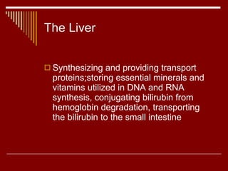 The Liver Synthesizing and providing transport proteins;storing essential minerals and vitamins utilized in DNA and RNA synthesis, conjugating bilirubin from hemoglobin degradation, transporting the bilirubin to the small intestine 