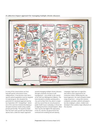 74 Progressions Global Life Sciences Report 2012
In many of the conversations we have
had with parties interested in meta-
collaborations, it has become clear that a
specific patient population must be targeted
to make progress. We simulated the
potential of a city-based approach during
our September 2011 DesignShop®
, where
one of the exercises involved developing a
disruptive business model using a public-
private partnership. The business model
that the team came up with (see illustration
above) took a collective impact approach
around managing multiple chronic diseases
through a dramatic increase in self-
management — very similar to the charter
of the Self-Care Management Alliance. The
team decided to simulate working with a
city such as New York City, where a mayor
and city council that are very focused on
public health issues could play a critical role
in aligning incentives and participants. (New
York City has the highest life expectancy
in the US, and the city government has
instituted anti-smoking and anti-obesity
campaigns, high taxes on cigarettes
and calorie-count requirements for
restaurant chains.) Reflecting this city-
based approach, the team included a wider
range of partners — not just life sciences
companies, providers, patients and payers,
but also employers, unions, retailers and
developers that could be major influencers at
the city level.
Source: Graphic recording of DesignShop®
session held on 27 September 2011, drawn by Breah Parker of Optum DesignShop.
A collective impact approach for managing multiple chronic diseases
 