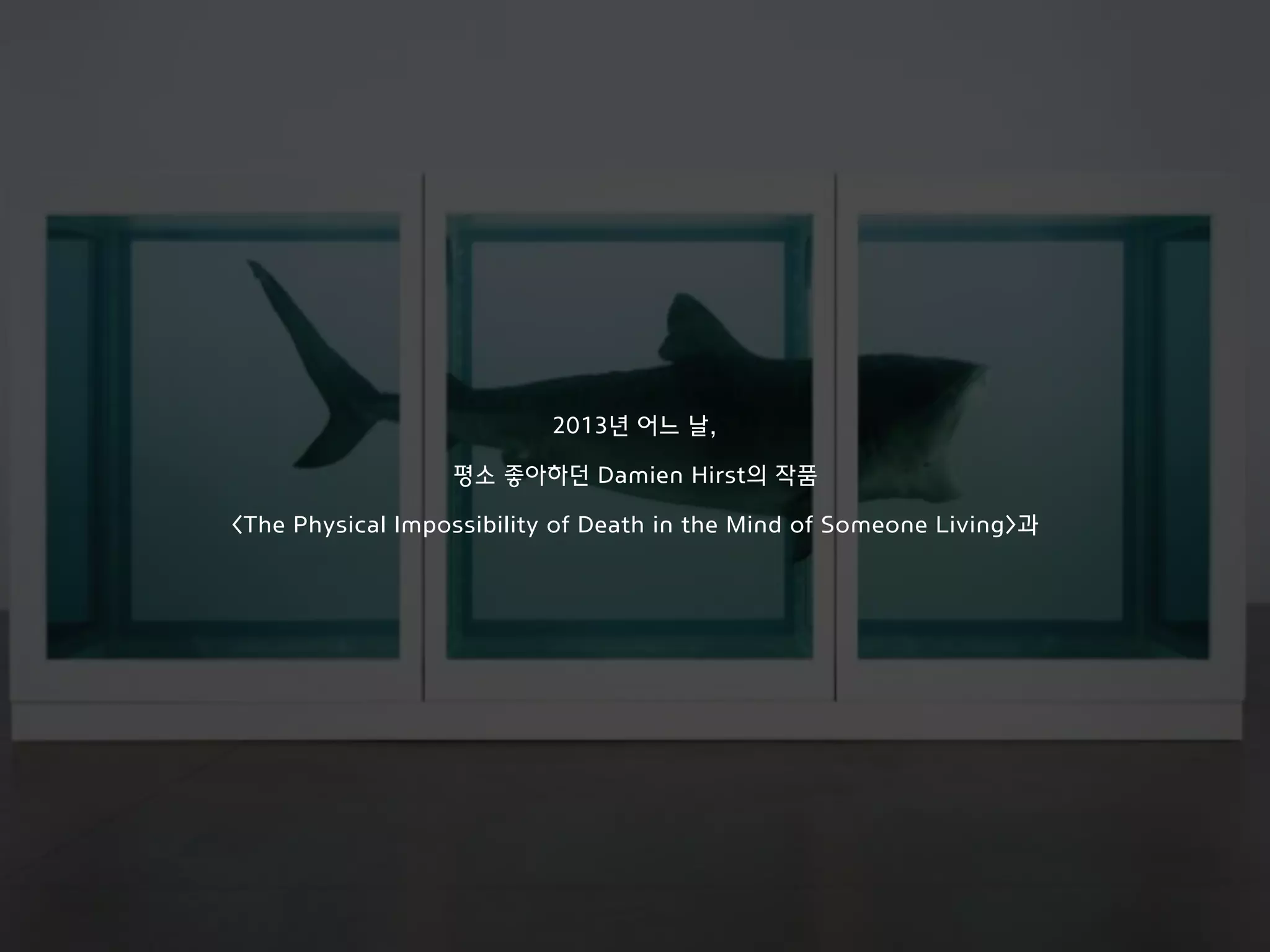 2013년 어느 날,
평소 좋아하던 Damien Hirst의 작품
<The Physical Impossibility of Death in the Mind of Someone Living>과
 