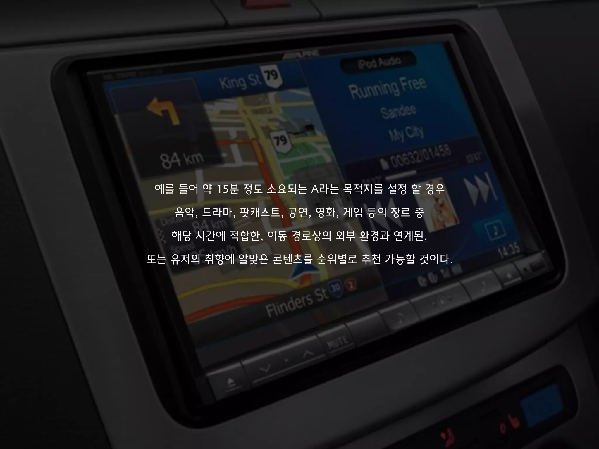 예를 들어 약 15분 정도 소요되는 A라는 목적지를 설정 할 경우
음악, 드라마, 팟캐스트, 공연, 영화, 게임 등의 장르 중
해당 시간에 적합한, 이동 경로상의 외부 환경과 연계된,
또는 유저의 취향에 알맞은 콘텐츠를 순위별로 추천 가능할 것이다.
 