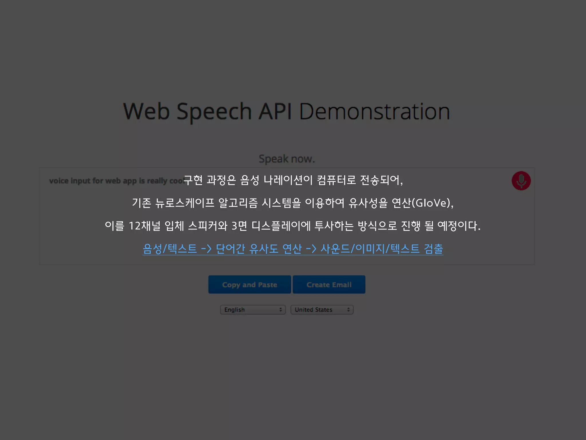 구현 과정은 음성 나레이션이 컴퓨터로 전송되어,
기존 뉴로스케이프 알고리즘 시스템을 이용하여 유사성을 연산(GloVe),
이를 12채널 입체 스피커와 3면 디스플레이에 투사하는 방식으로 진행 될 예정이다.
음성/텍스트 -> 단어간 유사도 연산 -> 사운드/이미지/텍스트 검출
 