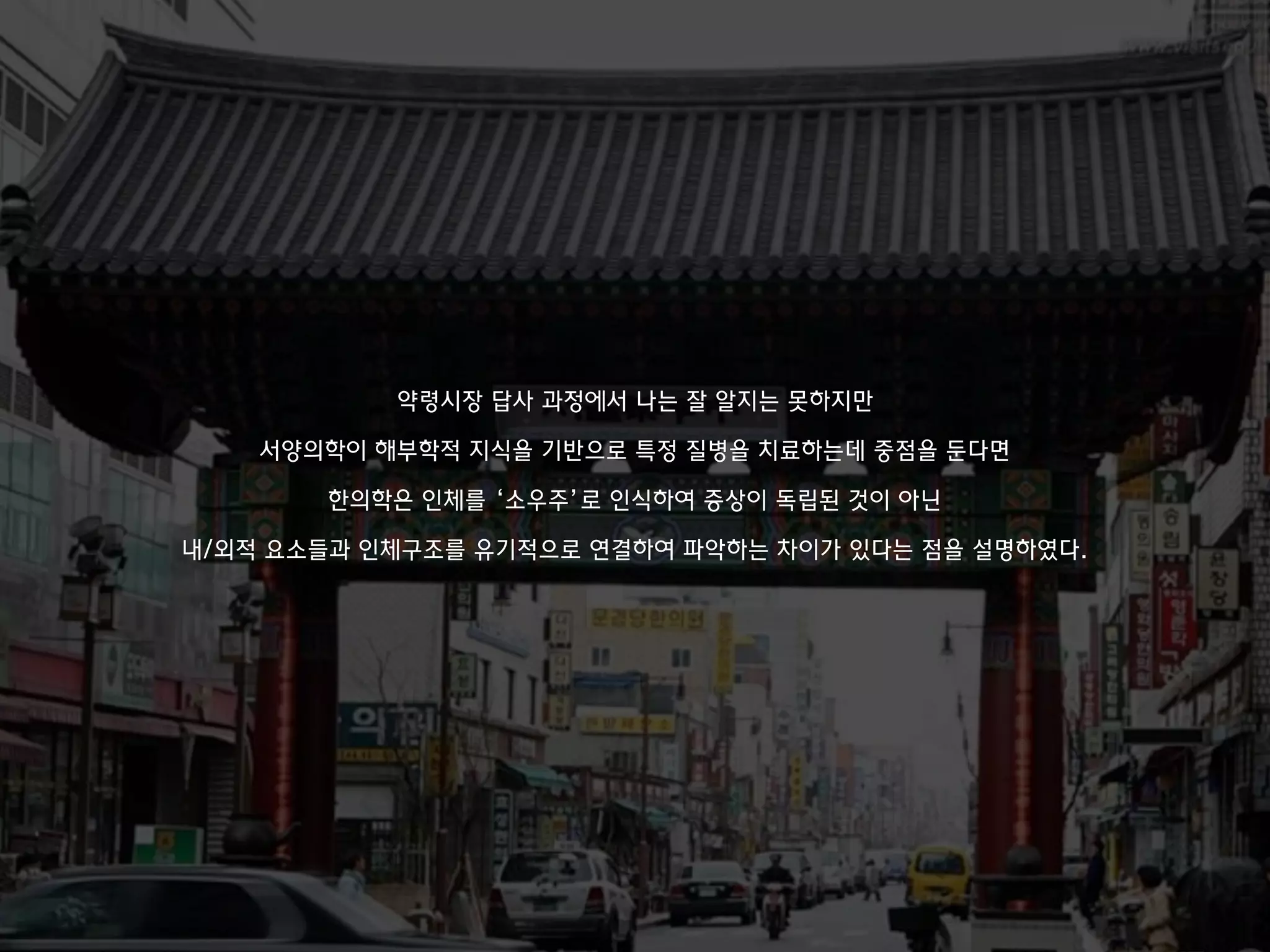 약령시장 답사 과정에서 나는 잘 알지는 못하지만
서양의학이 해부학적 지식을 기반으로 특정 질병을 치료하는데 중점을 둔다면
한의학은 인체를 ‘소우주’로 인식하여 증상이 독립된 것이 아닌
내/외적 요소들과 인체구조를 유기적으로 연결하여 파악하는 차이가 있다는 점을 설명하였다.
 