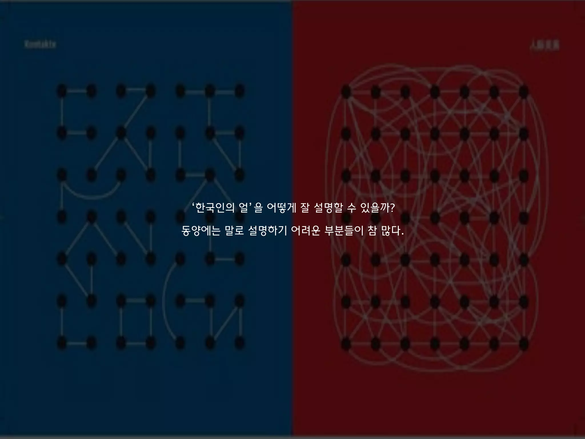 ‘한국인의 얼’을 어떻게 잘 설명할 수 있을까?
동양에는 말로 설명하기 어려운 부분들이 참 많다.
 