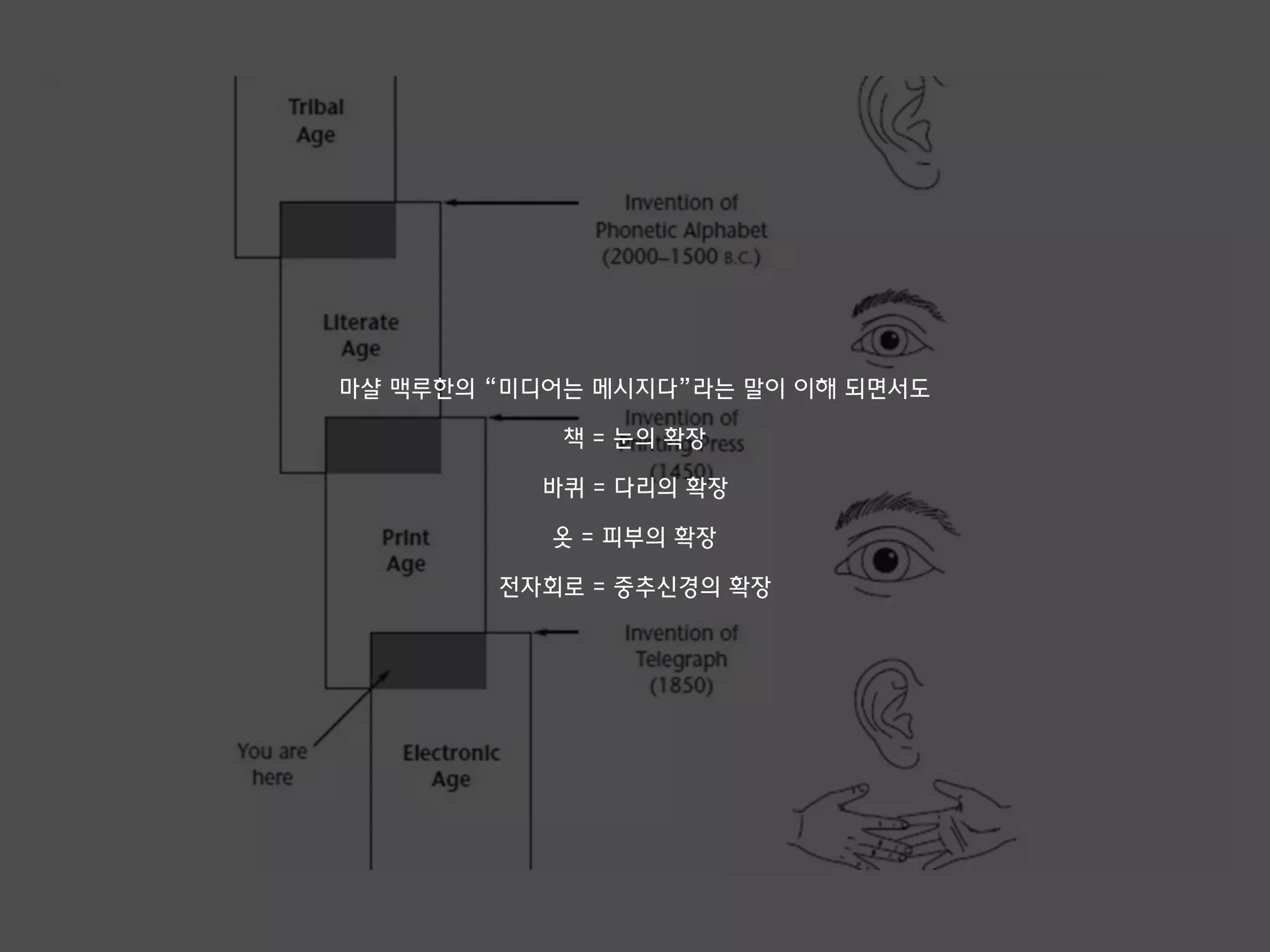 마샬 맥루한의 “미디어는 메시지다”라는 말이 이해 되면서도
책 = 눈의 확장
바퀴 = 다리의 확장
옷 = 피부의 확장
전자회로 = 중추신경의 확장
 